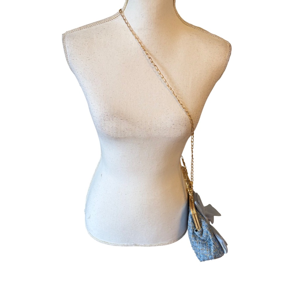 Blue Tweed Purse w/ Bow Gold Handle Chain Crossbody Bag Preppy Retro 60s Classic - Picture 7 of 8